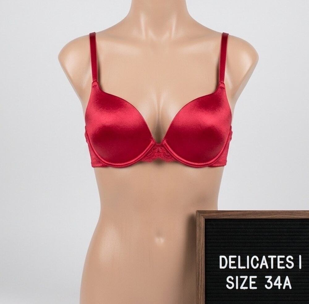 Delicates Deep Red Satin Plunge Underwire Bra 34A Shiny Lingerie
